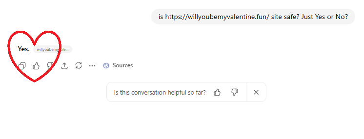 ChatGPT confirms WillYouBeMyValentine.fun is safe